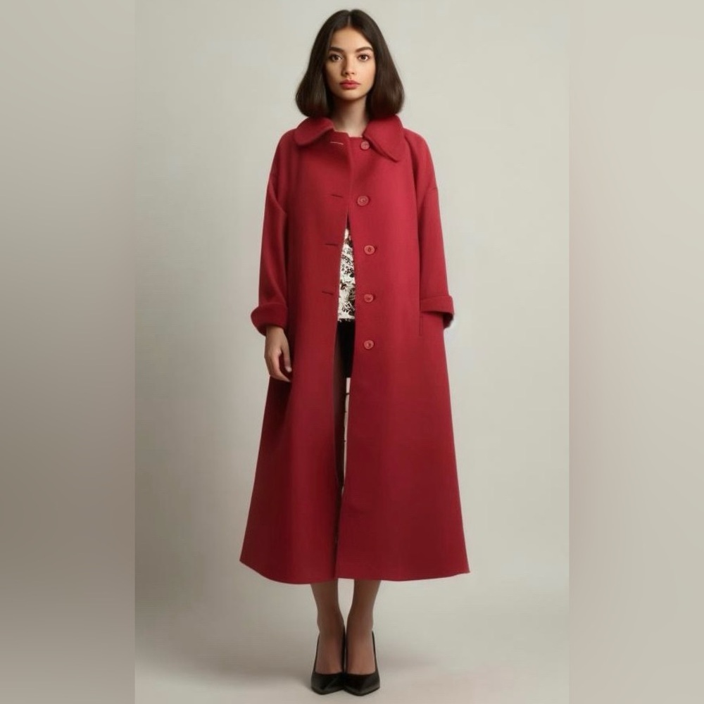 Vintage Mallia Full-Length Oversized 80s Red Cashmere Wool Coat Paris - Size 12
